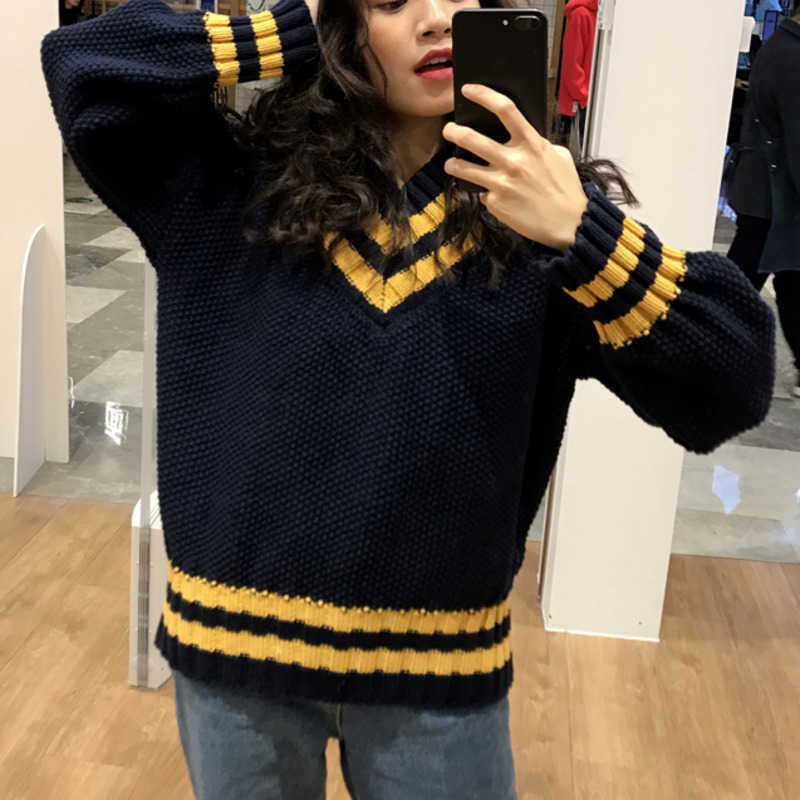 Autumn V-neck Sweater Women Vintage Jumper Blue Knitted Striped Sweaters For Women White Harajuku Sweater Pullover Winter Warm 210918