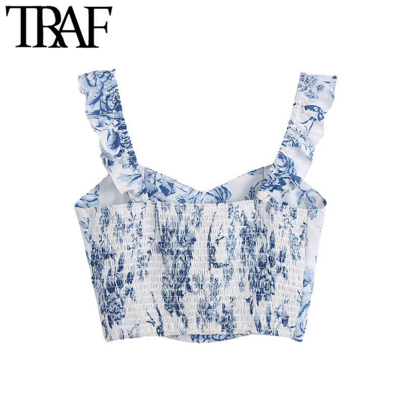TRAF Women Fashion Floral Print Cropped Tank Tops Vintage Backless Elastic Wide Straps Female Camis Mujer 210625