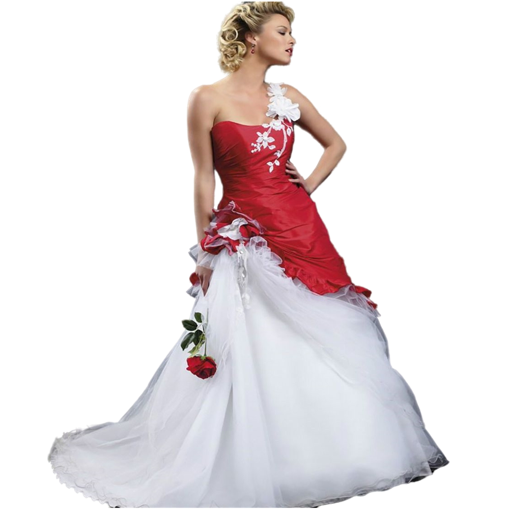 Vintage Red And White Wedding Dress For Women 2022 A Line One Shoulder Bridal Gowns 3D Floral Lace Appliques Plus Size Gothic Country Bride Dresses