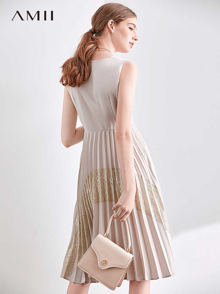 Lace Pleated Chiffon Dress Summer Women Elegant Round Neck Middle Waist Sleeveless Female Vestidos 11930148 210527