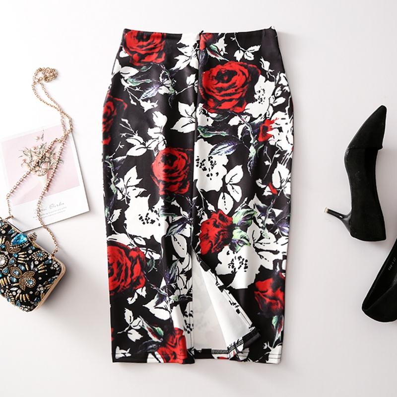 Floral Print Elastic High Waist Pencil Skirts Midi Skirt Women Printed OL Work Wear Summer Plus Size Short
