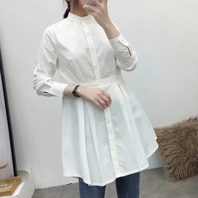 Fashion Women Long Sleeve Cotton Shirt Leisure Lady Stand Collar Blouse Loose Tops S6381 210430