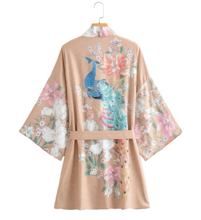 Bohemian V neck Peacock Flower Print Kimono Shirt Ethnic Lacing up Sashes Middle Long Cardigan Loose Blouse Tops femme 210429