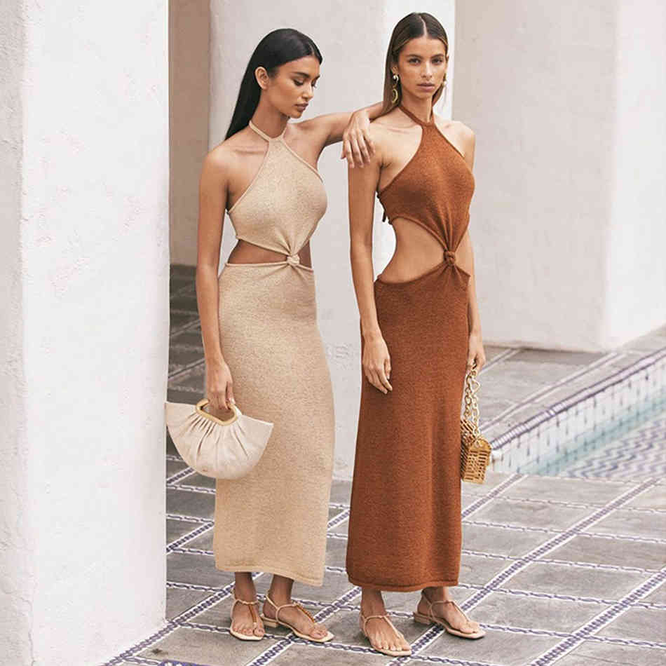 Summer Women Halter Hollow Out Bandage Dress Sexy Sleeveless Brown Celebrity Evening Runway Club Party Maxi 210423