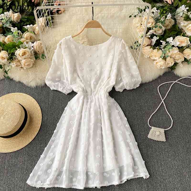 White Dresses for Women Korean Fashion Robe Tassel Polka Dot Puff Sleeve Vestidos Mujer Slim Sweet Chiffion Dress 210422