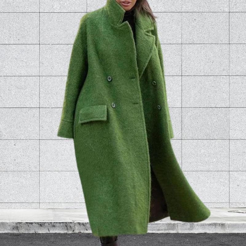 Women's Green Wool Blend Long Winter Coat Double Breasted Lapel Flap Pockets Warm Outerwear B4 - view 3