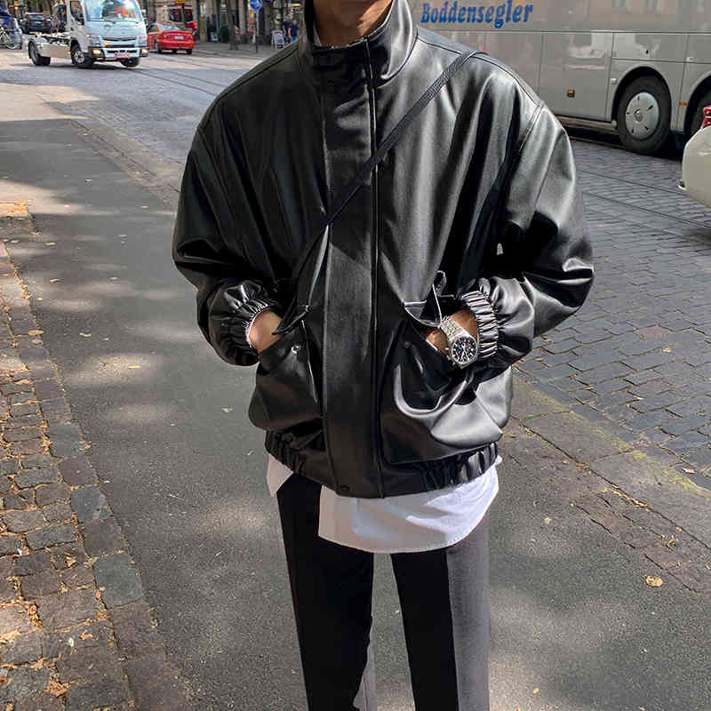 IEFB Spring Korean Fashion Loose PU Leather Men's Motorcycle Suit Pilot Jacket Zipper Stand Collar Short Coat Black 9Y5266 210524