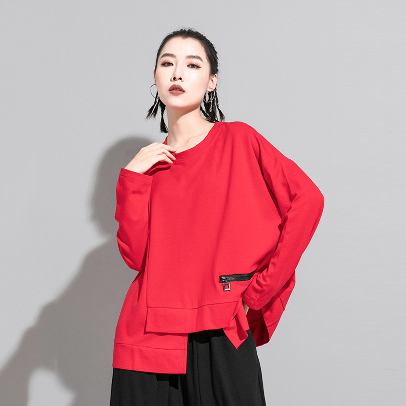 [EAM] Women Red Irregular Split Joint Big Size T-shirt New Round Neck Long Sleeve Fashion Tide Spring Autumn 1DA605 210406