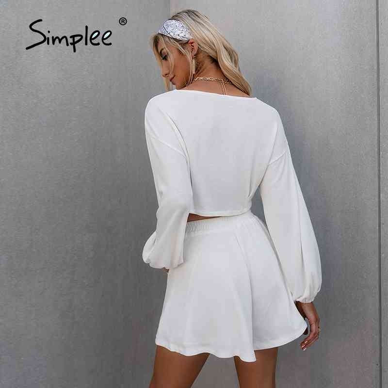 White long sleeves two piece woman short suits Elastic waist lace up summer suit Pockets causal loose sets fashion 210707