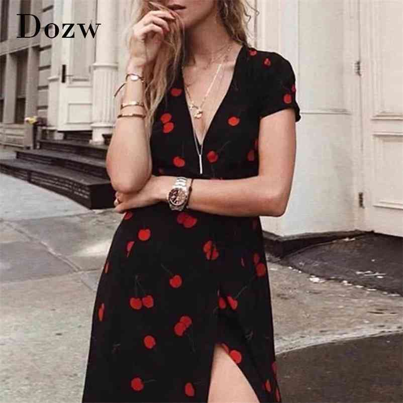 Vintage Cherry Print Dress Women Deep V Neck Sexy High Split Wrap Summer Short Sleeve Boho Casual Midi es 210515