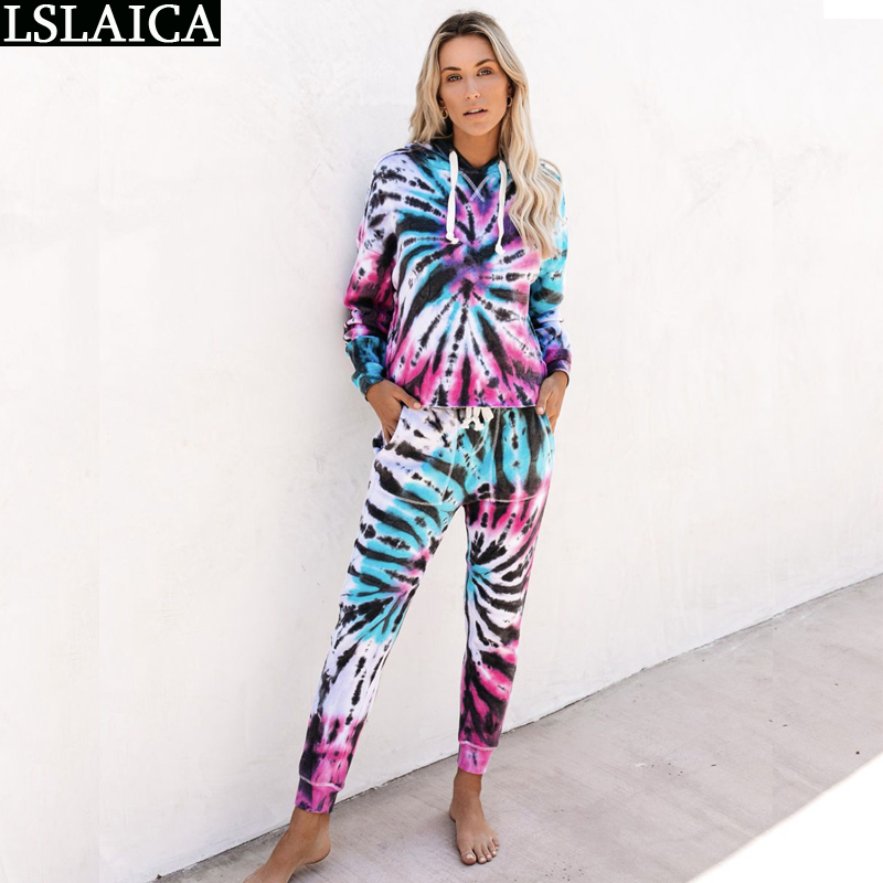 Sets For Women Hooded Long Sleeve Top&Long Pant Tie-Dye Casual Female Two Piece Outfits Office Sport Clothing 210520