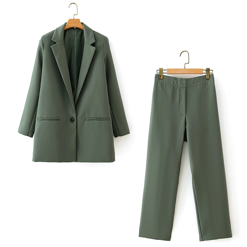 Women Casual Solid Suit Autumn Ankle-Length Pants Elastic High Waist Green Long Straight Office Lady 210421