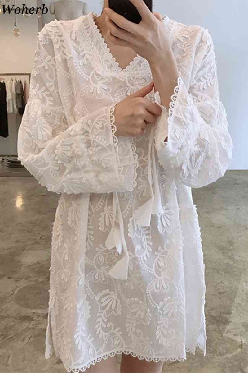 Summer Dress Women White Lace Embroidery Korean Style Fairy Dresses Kawaii Elegant Vintage Robe Mini Vestidos 210519