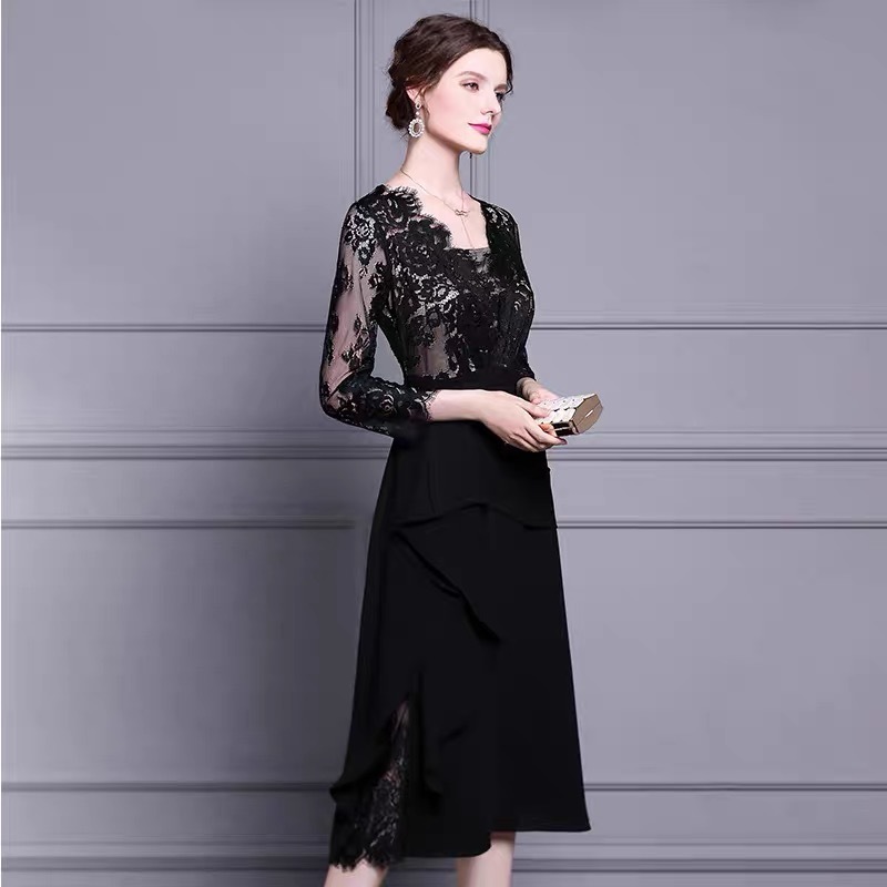 elegant vintage dark green ruffles patchwork midi dress for women casual office lady lace high waist dresses robe fashion 210421