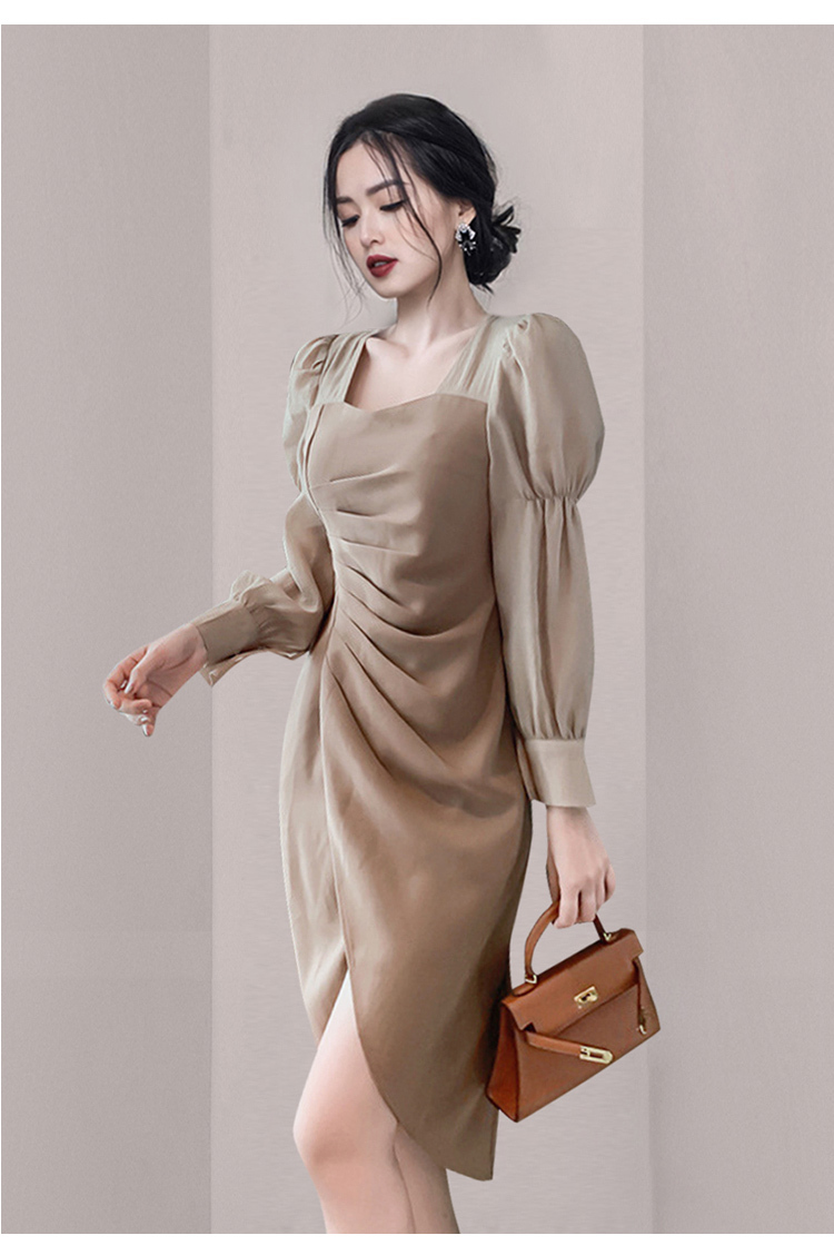 Korean Fashion Elegant Women Square Collar Puff Sleeve Bodycon Vintage Slim Split Sheath Dresses Vestidos 210519