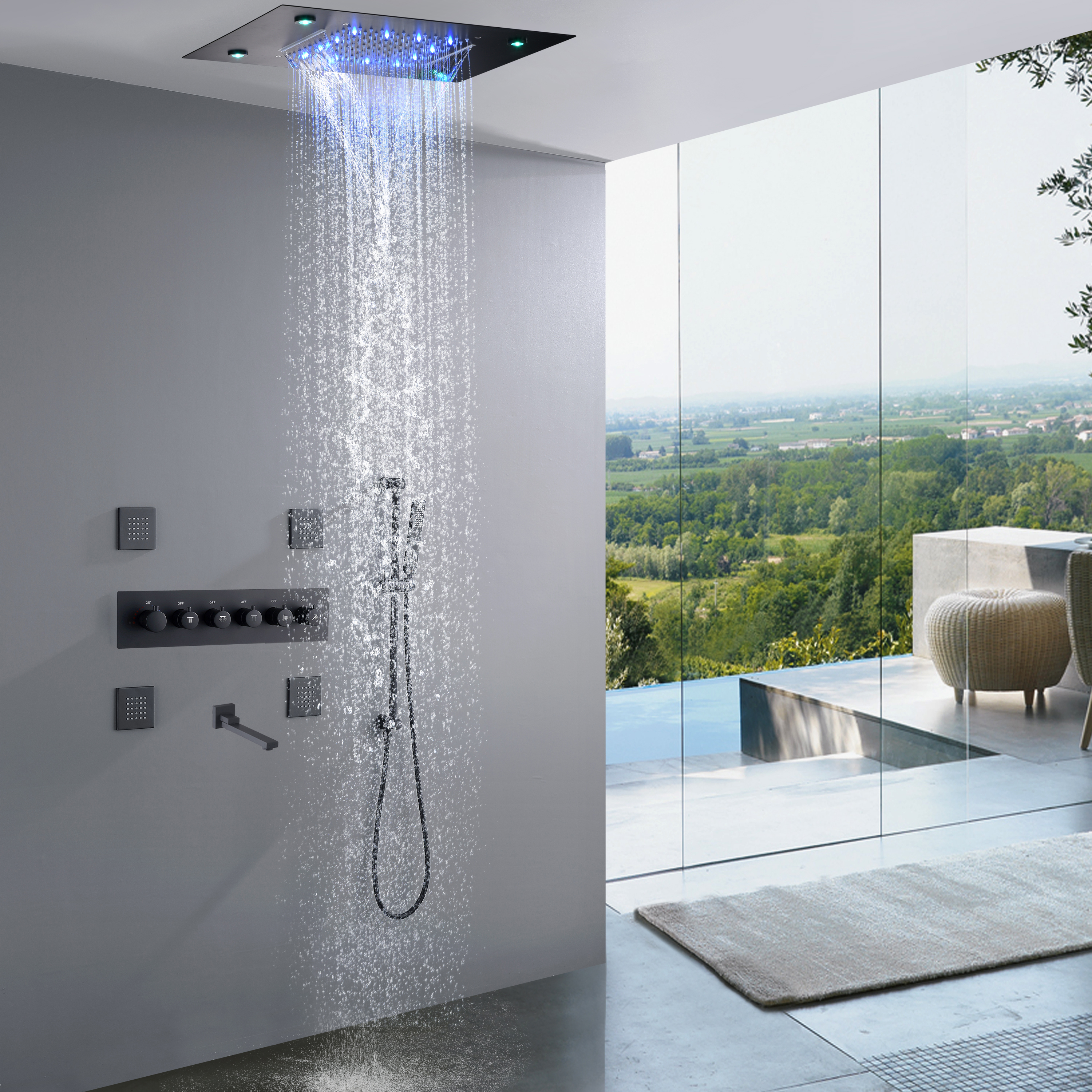 

Matte Black Waterfall Thermostatic LED Rain Shower System 14 X 20 Inch Rectangle Luxury Ceil Mounted Head Bathroom Mixer Faucet Set