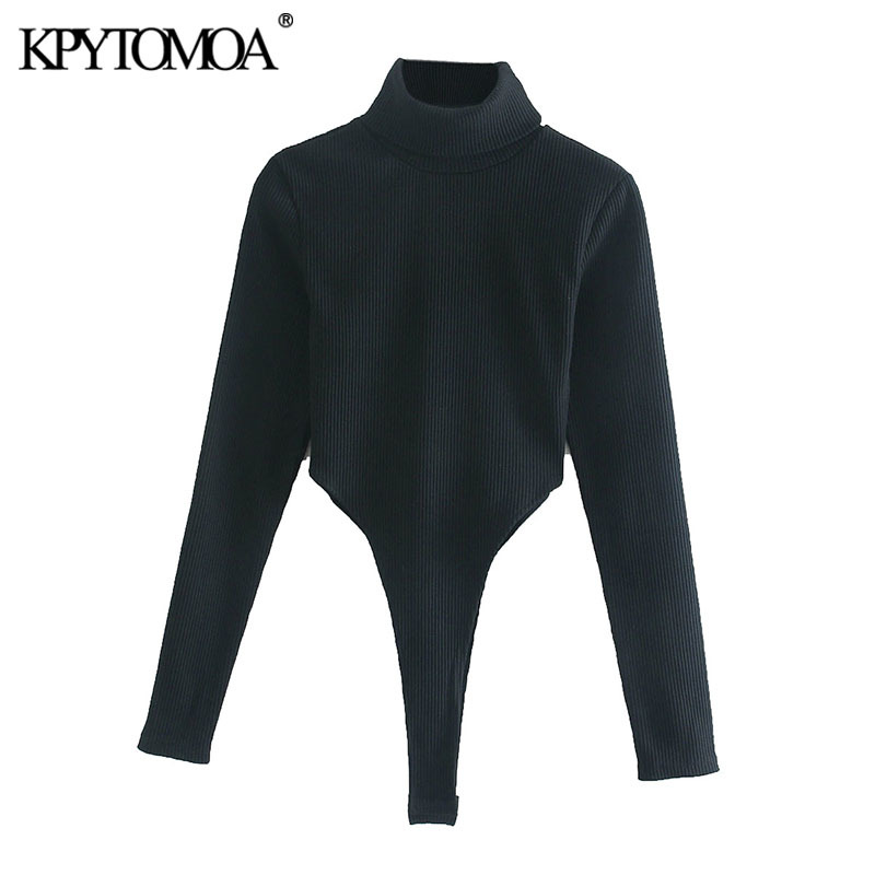 Women Sexy Fashion Hollow Out Ribbed Bodysuits Vintage High Neck Long Sleeve Female Playsuits Chic Tops 210416