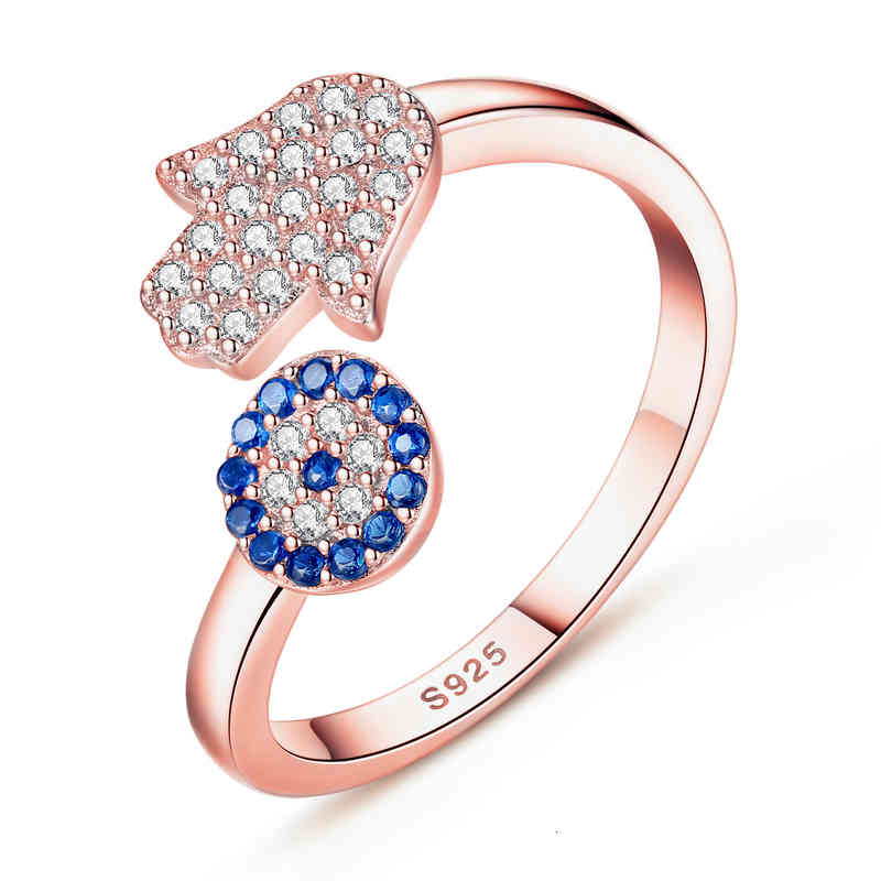 Kaletine 925 Sterling Silver Evil Blue Eye Hamsa Fatima Hand Adjustable Female Rings Open Size Ring Wedding Jewelry
