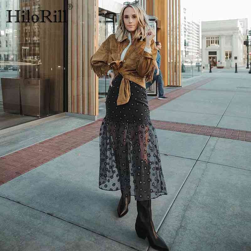 Women Floral Print Sexy Mesh Organza Skirt Ladies High Waist Transparent Chic Ruffle Midi Skirts Faldas Mujer 210508