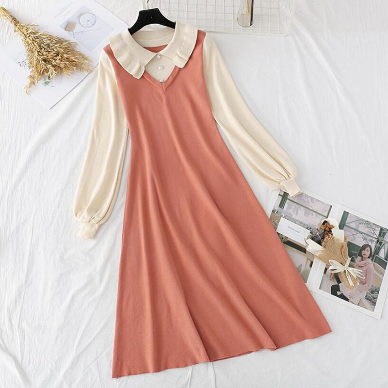 Autumn Winter Long Dress Women Elegant Lotus leaf collar Slim A-line Sweater Dresses Lantern sleeve Office Lady Knitted Dress 210521