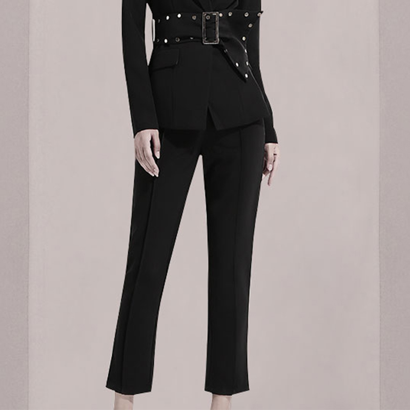 Business Spring Autumn Women 2 Piece Set Formal Black Long Sleeve Notched Blazers Coat+OL Pencil Pant Suit With Belt 210518