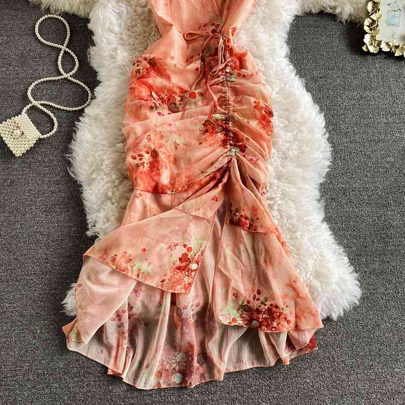 Vintage V-Neck Printed Chiffon Drawstring Mermaid Midi Dress Women Elegant High Waist Ruffle Vestidos Fashion Spring Summer 210409