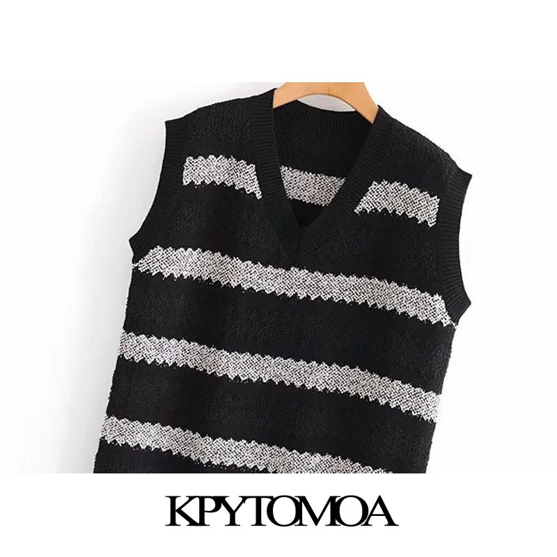 Women Fashion Patchwork Striped Loose Knitted Vest Sweater V Neck Sleeveless Female Waistcoat Chic Tops 210420