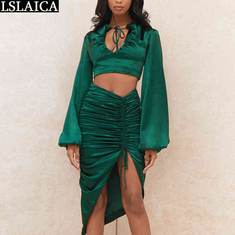 Women's Clothing Sexy V-neck Strappy Lantern Sleeve Pleated Short Tops and Long Skirt Solid Color Night Club Two Piece Set 210520