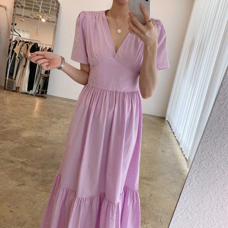 Spring and Summer Korean Fashion Elegant Sweet Backless Short-sleeved Dress with Bowknot Cotton Pleated Female 210615Z