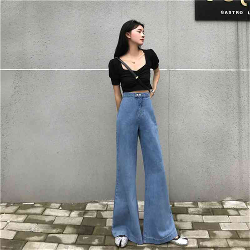Arrival Spring Korea Fashion Women High Waist Jeans 80s Vintage Cotton Denim Flare Pants Female Loose Wide Leg S323 210512