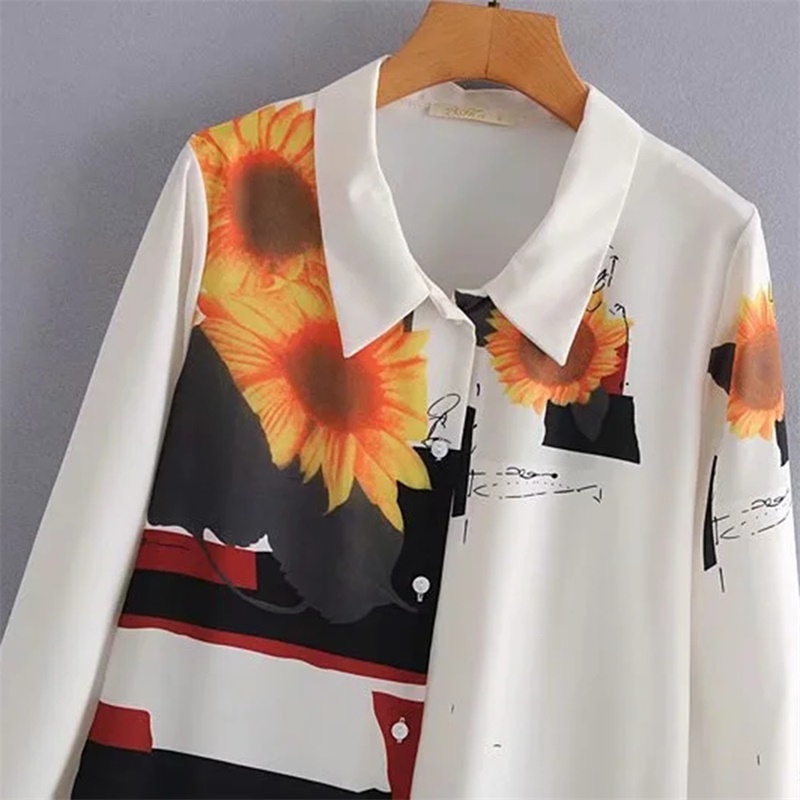 Women Vintage Printing White Chiffon Shirt Long Sleeve Spring Chic Female Loose Shirt Commute Top 210520