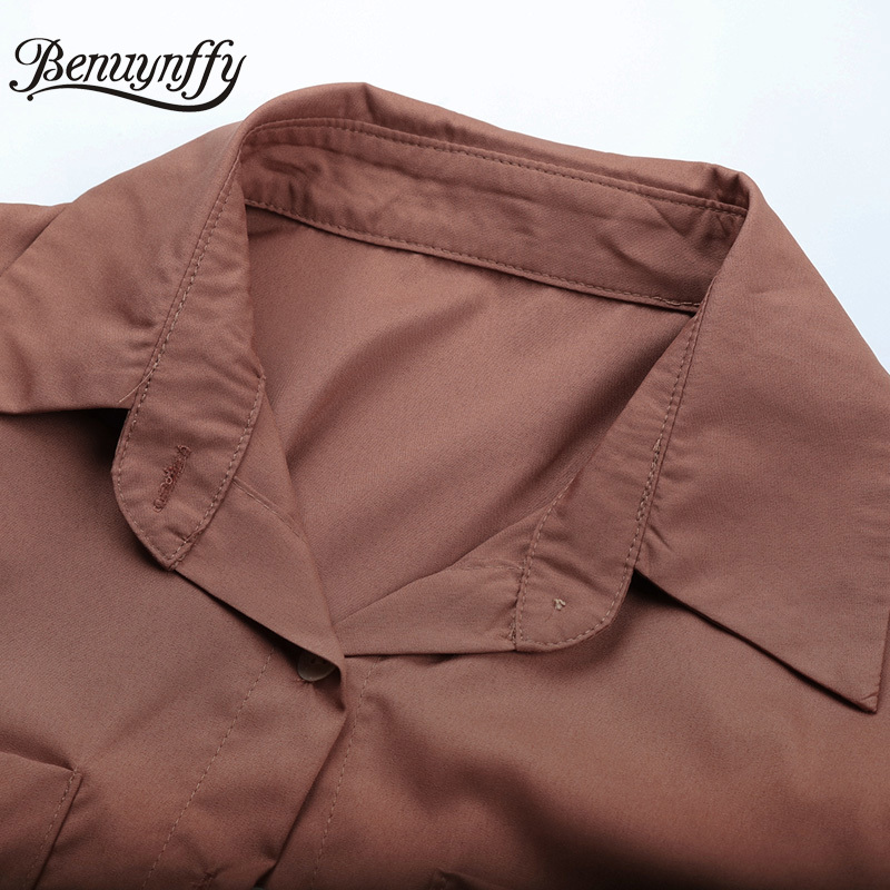 Turn-down Collar Pocket Front Drawstring Hem Women Shirts Spring Long Sleeve Female Solid Casual Tops Blouses 210510