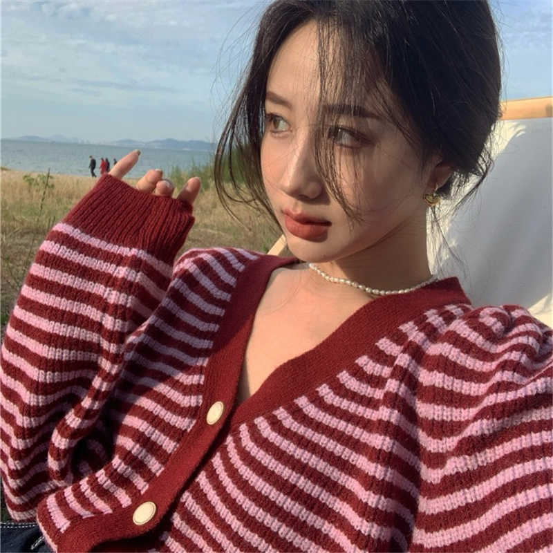 Korean Stripe Cardigan Sweater Causal Puff Long Sleeve V-neck Women Knitted Coat Spring Knitwear Tops 6F113 210603