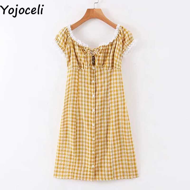 Yojoceli Sexy plaid off shoulder lace short dres Summer elegant casual cool bodycon Beach daily mini vestidos 210609
