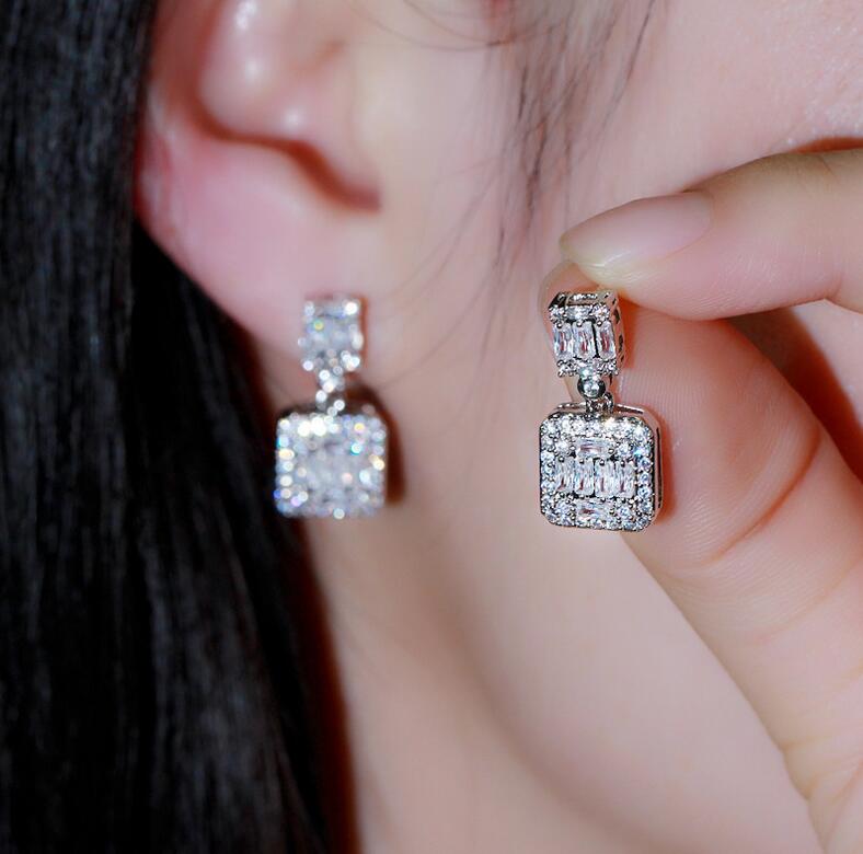 Ins Top Sell Luxury Jewelry Set 925 Sterling Silver T Princess Cut White Topaz CZ Diamond Gemstones Party Handmade Women Dangle Earring Clavicle Neckl