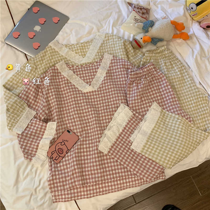 CAIYIER Korean Ulzzang Pink Plaid Print Pajamas Set Lovely V-Neck Girls Nightwear Loose Casual Long Sleeve Winter Homewear Suit 210924