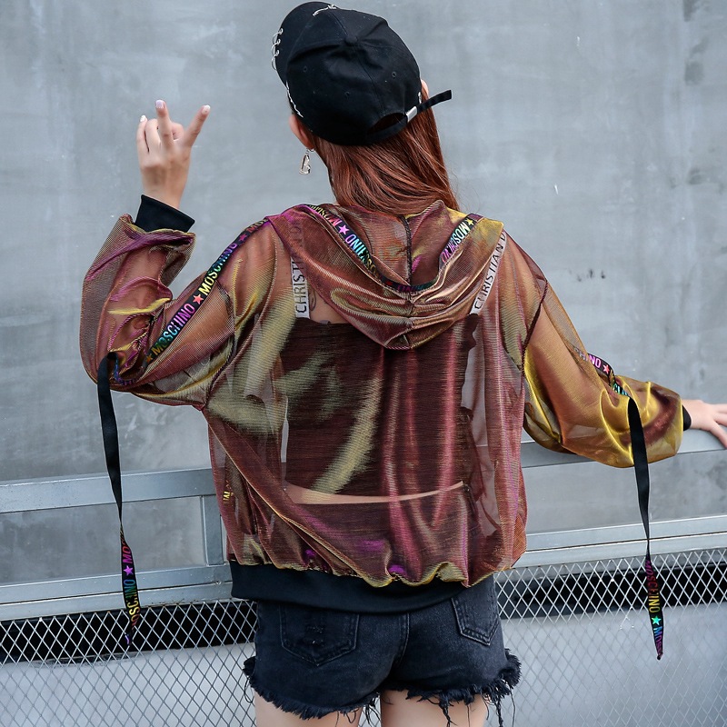 Summer Thin Mesh Loose Rainbow Jacket Hoodies Beach Style Coat Sexy Version Outwear Hiphop