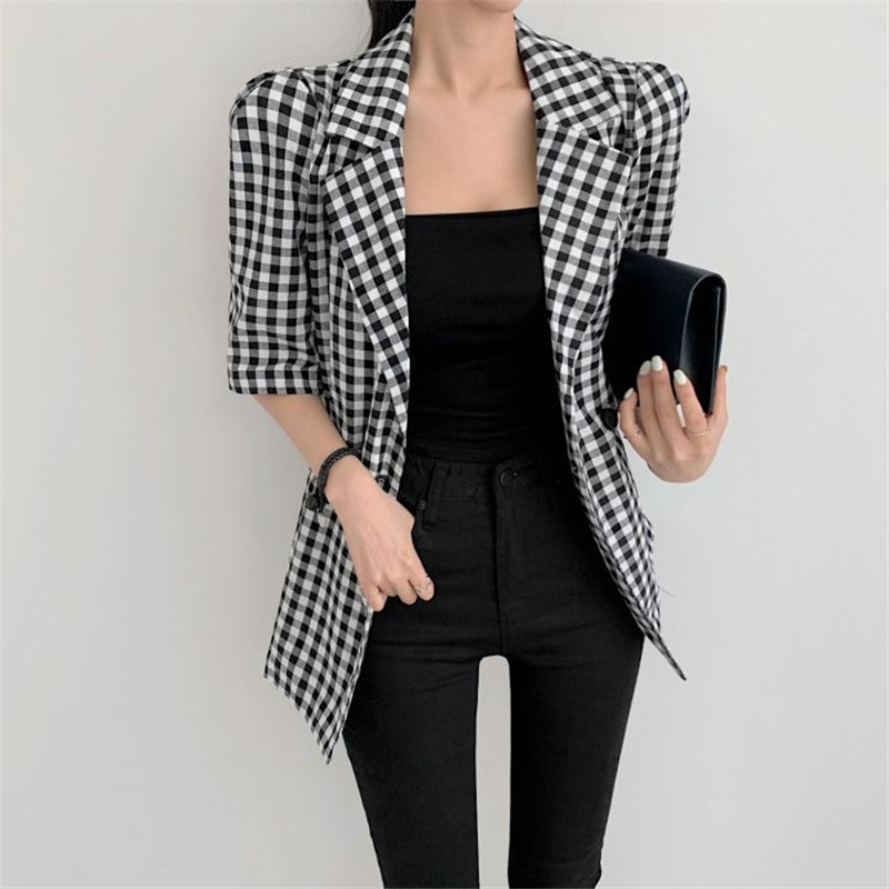 Vintage Plaid Suit Blazer Jacket Loose Elegant Summer Blazers Fashion Office Lady Short Sleeve Women Coat Tops 210421