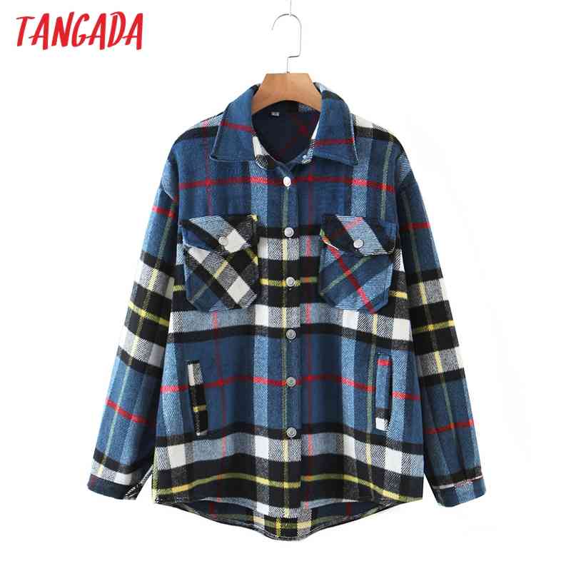 Women Spring Plaid Pattern Jacket Ladies Long Sleeve Oversize Boy Friend Coat QW80 210416