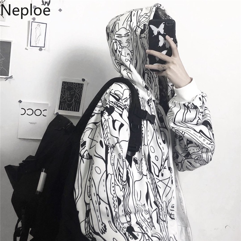 Neploe Harajuku Anime Hoodies Zipper Thicked Oversized Outwear Streetwear BF Korean Fashion Hooded Sweatshirt Coat Female 94645 210422
