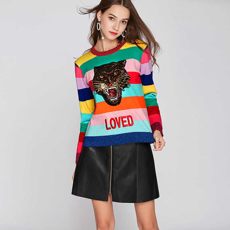Women Rainbow Pullovers Sweaters Femme Round Neck Emboridery Tiger LOVED Colourful Striped Long Sleeve Sweater Winter Knitted
Women Rainbow Pullovers Sweaters Femme Round Neck Emboridery Tiger LOVED Colourful Striped Long Sleeve Sweater Winter Knitted