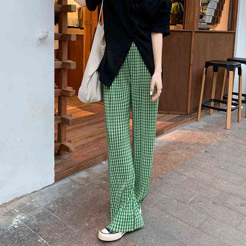 Hzirip Green Plaid Split High Waist Drape Thin Loose Fashion All-Match Women Summer Straight Pleated Casual Mopping Pants 211115