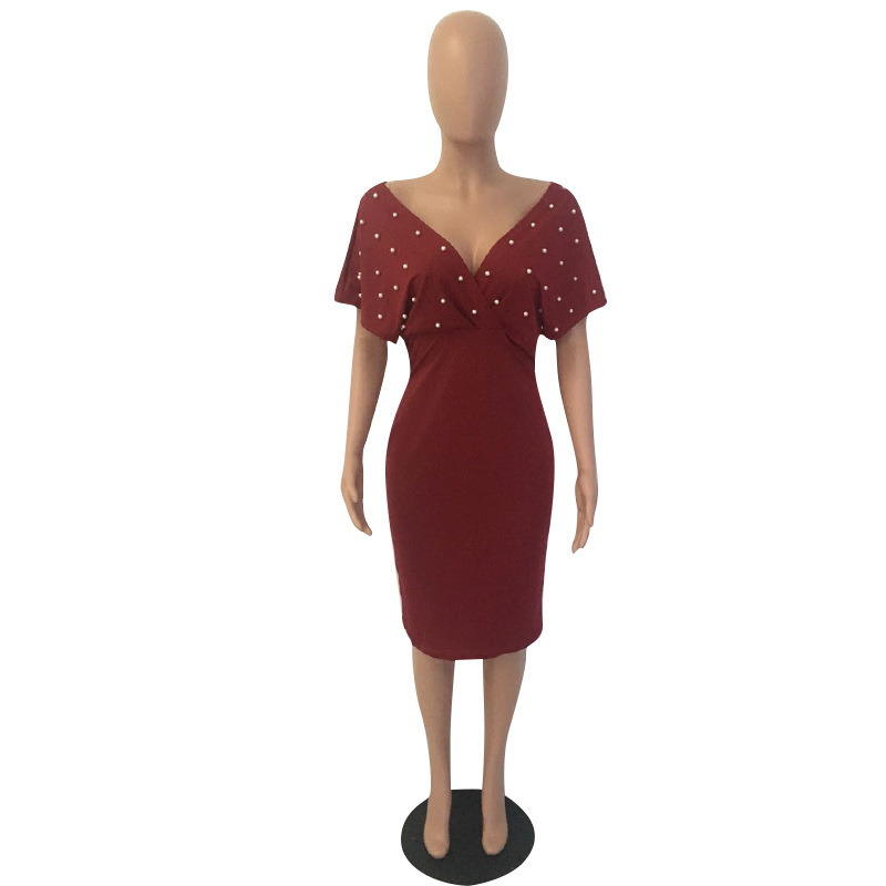 Summer Women's Plus Size Dresses Loose Bat Short Sleeve Pearl Dress Sexy Deep V Neck Elegant Dress Party Wholesale Dropshipping 210409