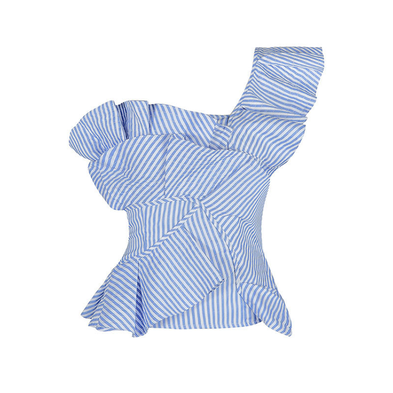 VGH Patchwork Elegant Striped Shirts For Women Skew Collar Sleeveless Off Shoulder Irregular Hem Ruffles Blouses Female Clothing 210421