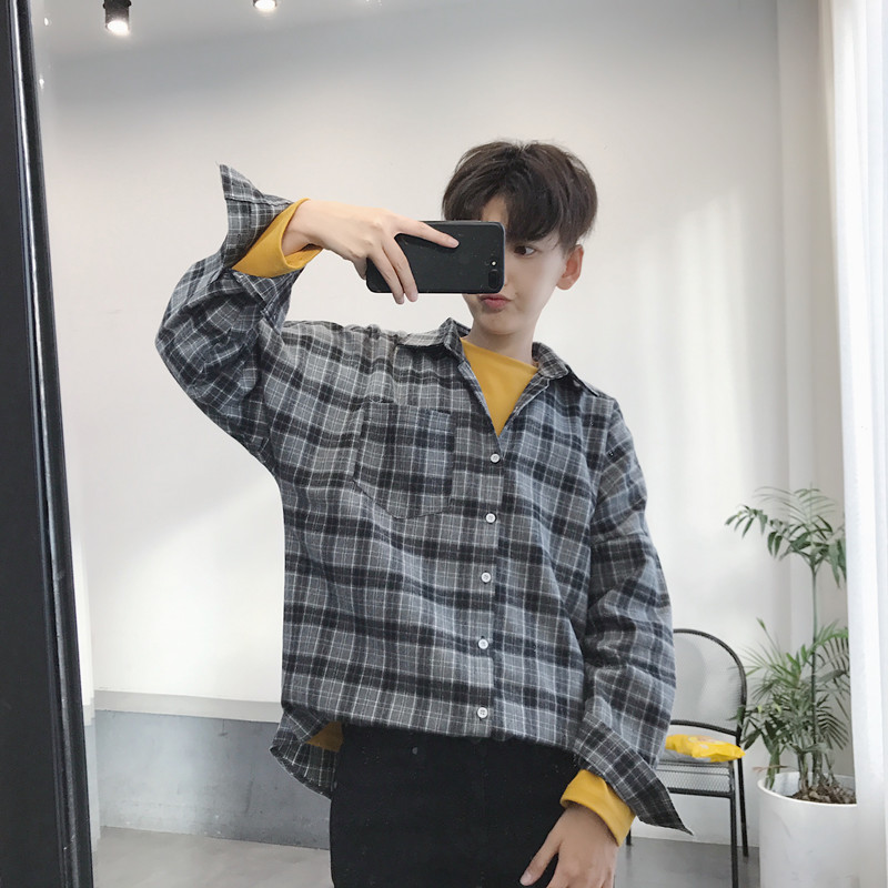 Stylish Men's Plaid Long Sleeve Slim Shirt Casual Black/Yellow French Cuff