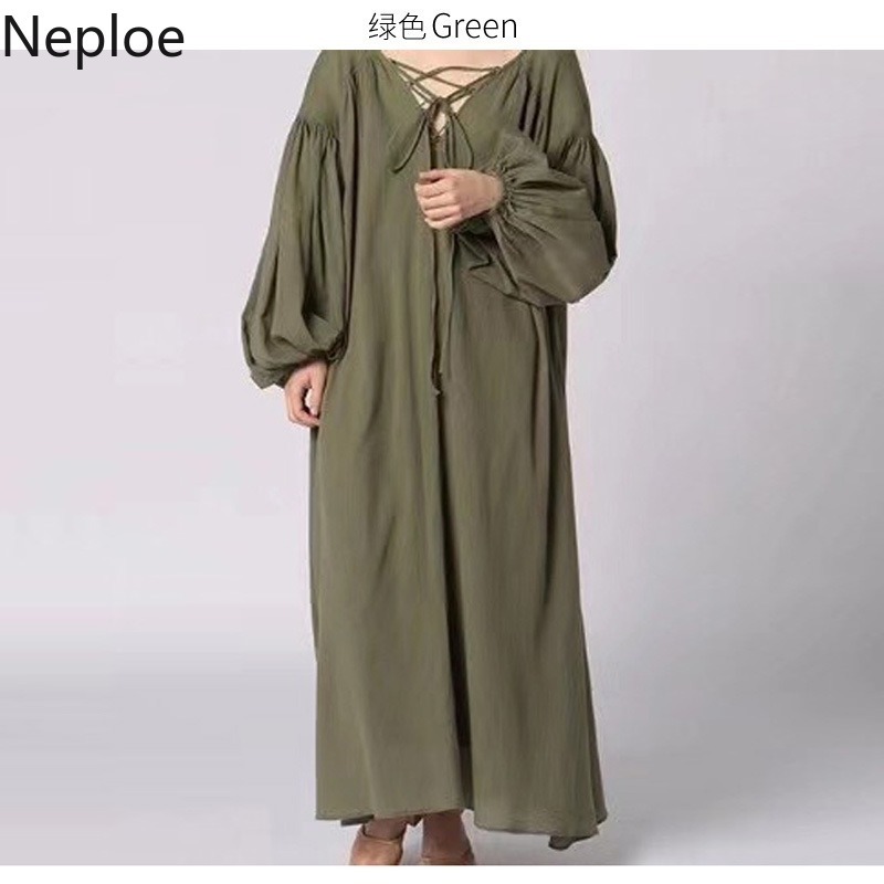Neploe Japanese Vintage Maxi Dresses Fir Women Solid Color Bandage Sexy V-neck Vestidos Puff Sleeve Loose Robe Blackless Dress 210422