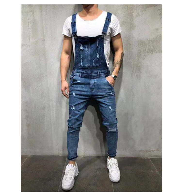 2021 High Quality Men's British Style Denim Bib Pants Full Length Jumpsuits Hip Hop Ripped Jeans Overalls for Men Streetwear X0621