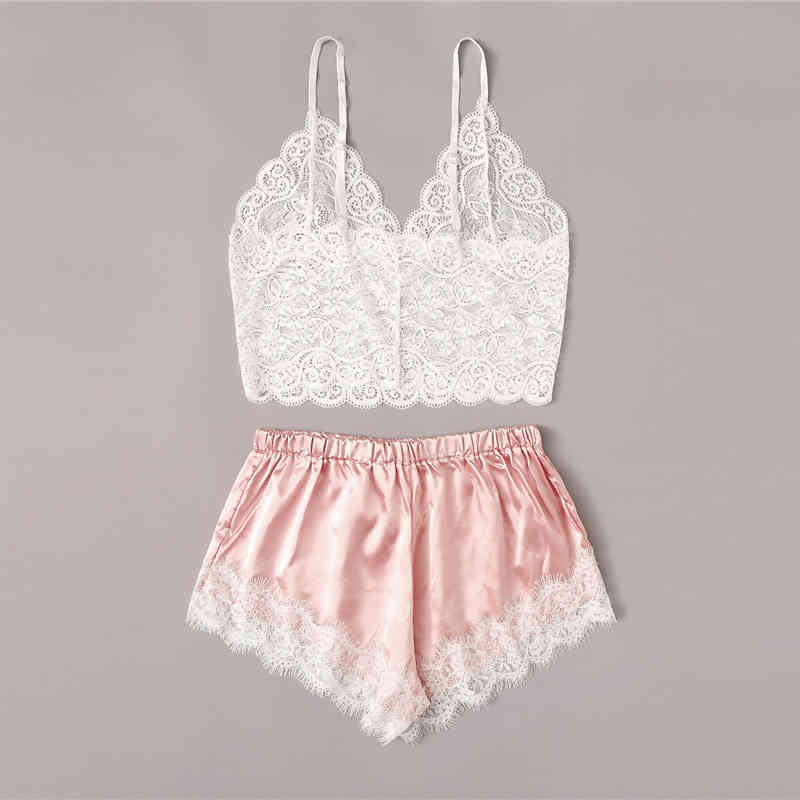 Floral Lace Bralette With Satin Shorts Lingerie Set Women Summer Sexy Sets Ladies Bra And Panty Underwear Pajama Set-Pink 210330
