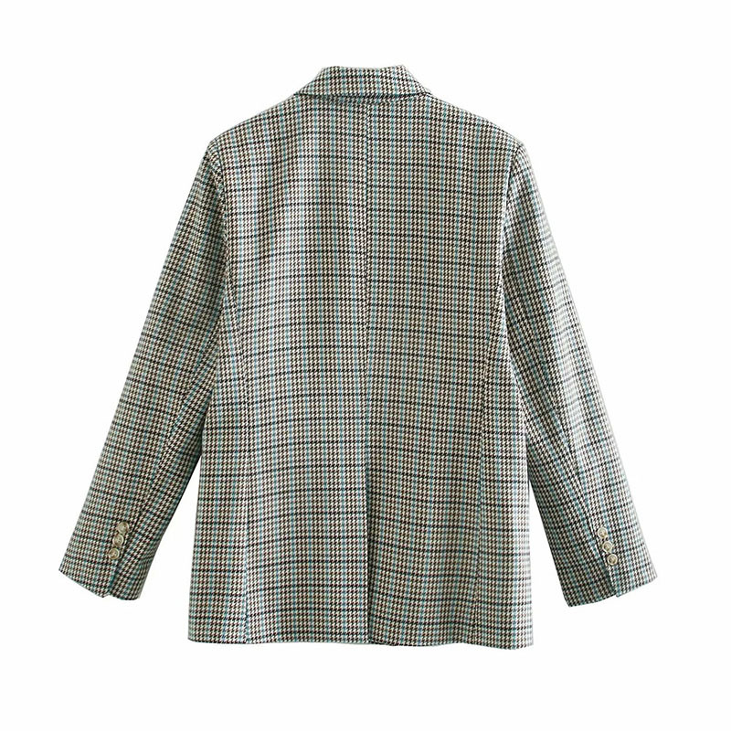 Women Elegant Green Plaid Blazer Long Sleeve Double Breasted Slim Check Coat Office Work Lattice Suit Jacket Outerwear 210520