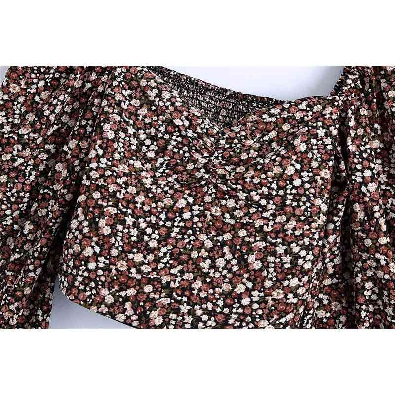 Vintage Women Floral Print Shirts Fashion Ladies Chiffon V-Neck Tops Streetwear Female Chic Puff Sleeve Blouses 210430